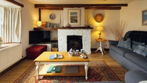 Una sala de estar acogedora con chimenea, un sofá, una mesa de centro y un televisor.
