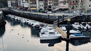 Een jachthaven met aangemeerde boten, een brug en gebouwen op de achtergrond.