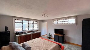 A bedroom with a bed, a TV, a desk, and two windows.