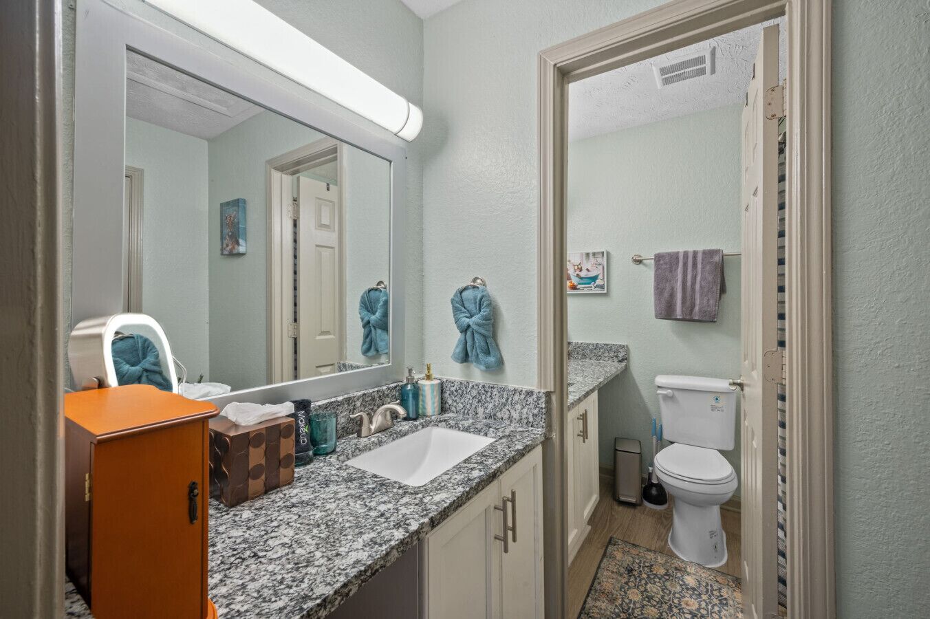 A bathroom with a granite countertop, a white sink, a mirror, a toilet, and a shower area.