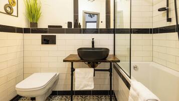 Hair dryer, towels, soap, toilet paper