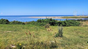 A coastal landscape with a beach, wind turbines, and dense greenery. - Charming cottage close to the beach (Glesborg)