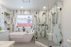 Hair dryer, towels, soap, shampoo