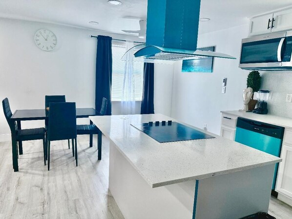 Microwave, stovetop, dishwasher, blender