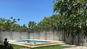 A backyard with a swimming pool, a brick wall, and a person sitting by the pool.