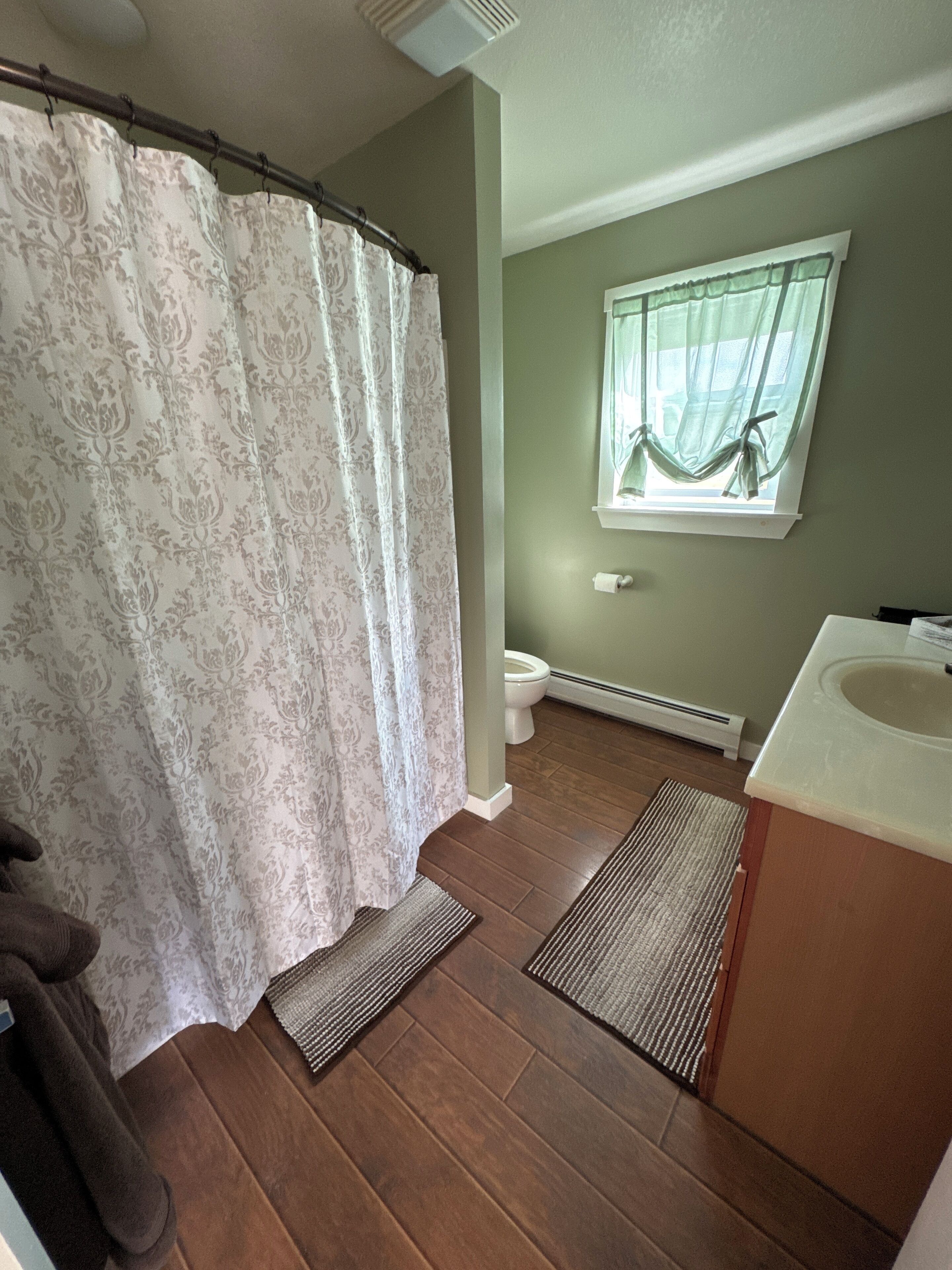 Hair dryer, towels, soap, shampoo