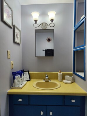 Hair dryer, towels, soap, toilet paper