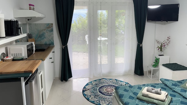 A compact living space with a kitchenette, a flat-screen TV, a dining area, and a view through the glass door.