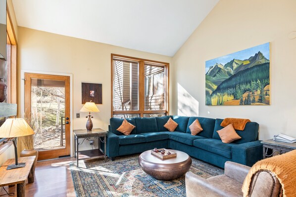 Smart TV, fireplace, books, stereo