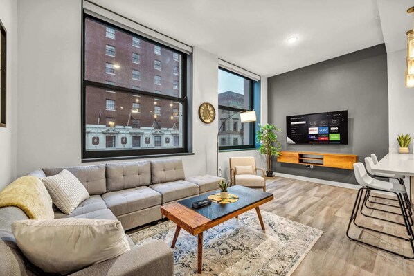 TV, fireplace, offices