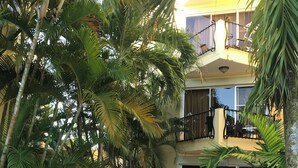 A multi-story building with balconies, surrounded by palm trees and a paved area with a red curb.