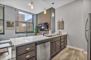 Fridge, microwave, oven, stovetop