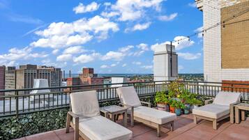 A rooftop terrace with lounge chairs, potted plants, and a city view.