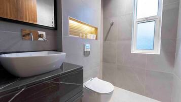 Un bagno moderno con un ampio lavandino bianco, un WC e una zona doccia.