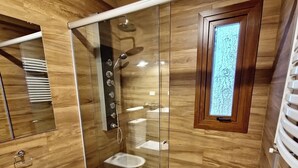 Ein modernes Badezimmer mit einer ein Glasfachraum-Dusche, einem Bidet und Holzboden.