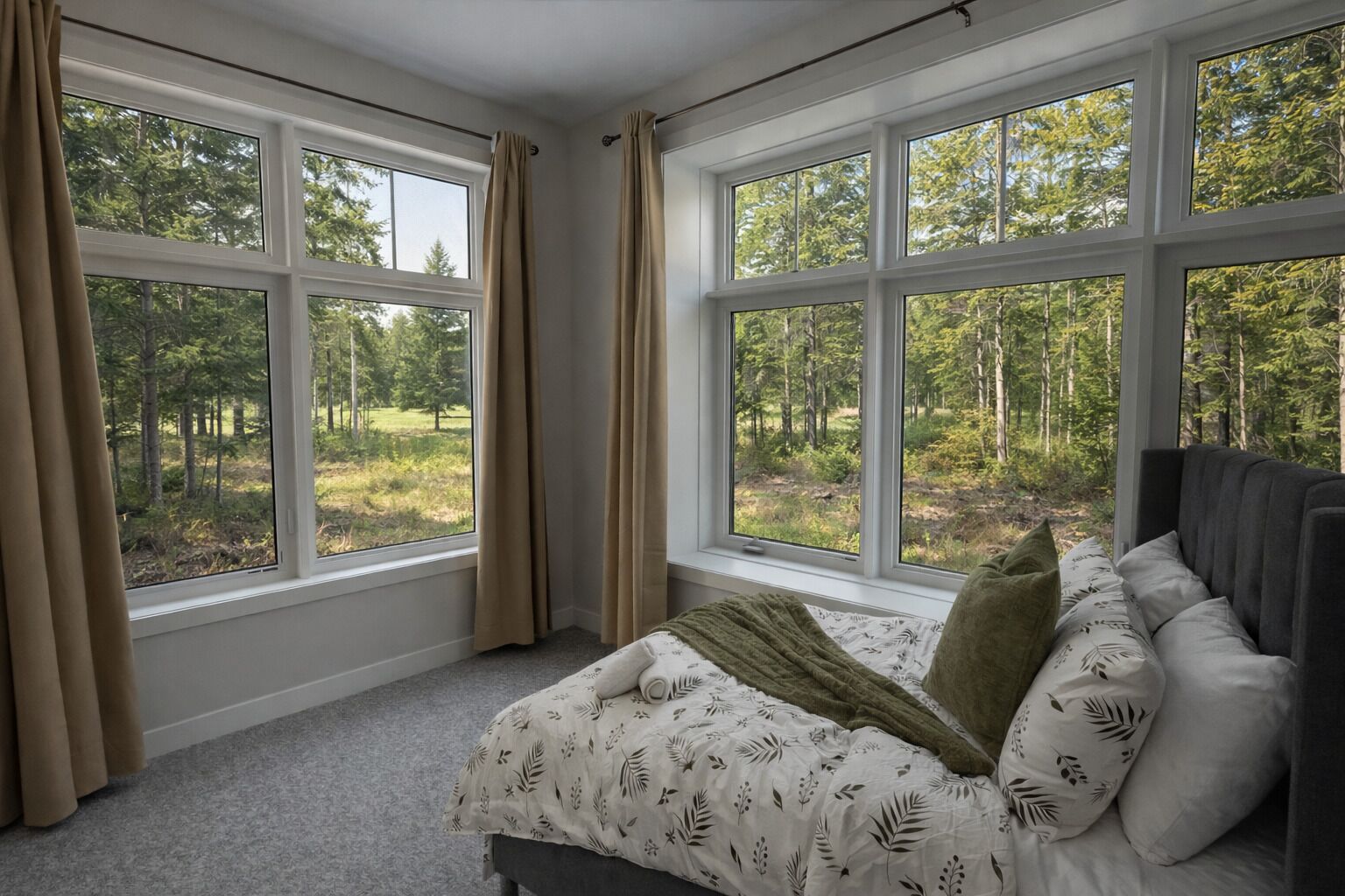 A bedroom with a large window offering a forest view, a bed with patterned bedding, and a headboard.