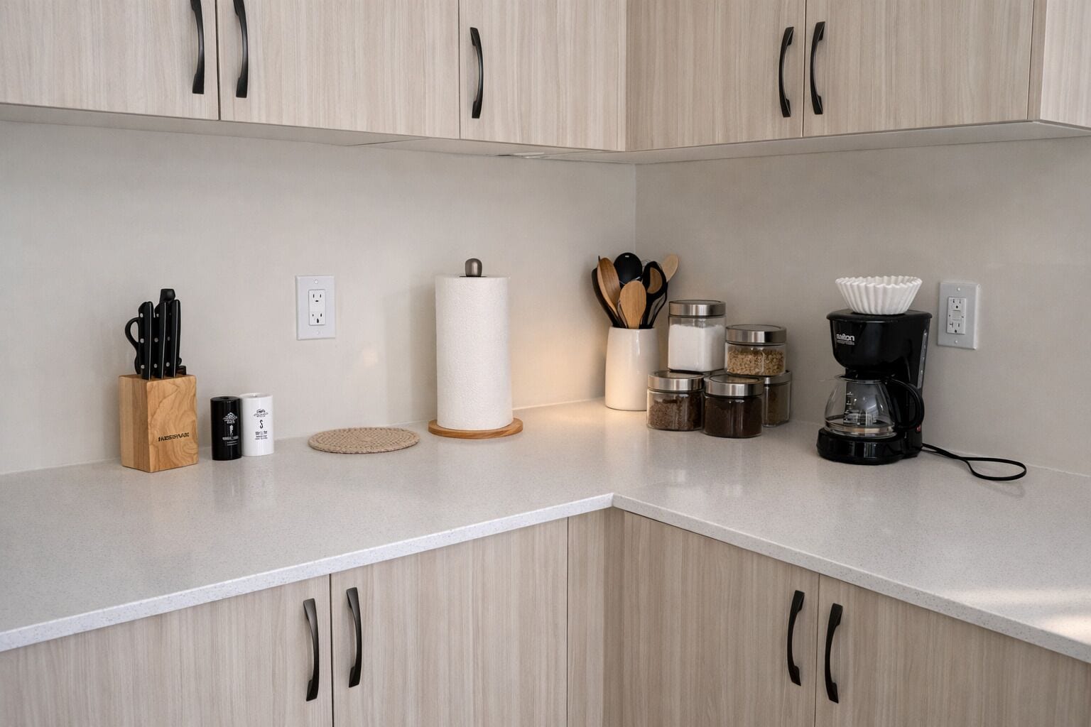 A modern kitchen with light wood cabinets, a white countertop, a knife block, a paper towel holder, a coffee maker, and spice jars.