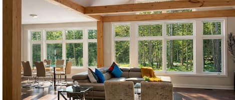 Smart TV, chimenea, futbolito y libros
