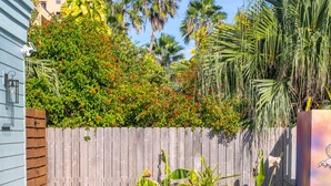 A backyard with a swimming pool, a wooden deck, and a dining area with blue plates and cutlery. - Venus D | Futuristic 2BR + Pool & Near Beach (South Padre Island)