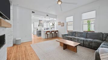 Smart TV, fireplace, books