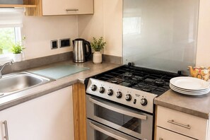 Una cocina moderna con estufa a gas, horno, pileta y una pequeña planta en maceta.