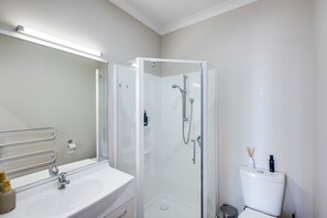 A modern bathroom with a glass-enclosed shower, a white sink, and a toilet.