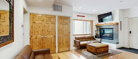 TV, fireplace, books, stereo