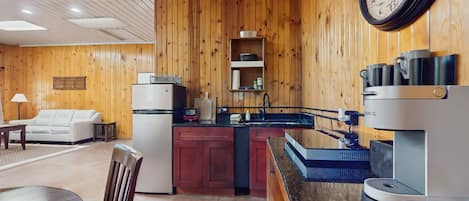 Fridge, microwave, stovetop, coffee/tea maker