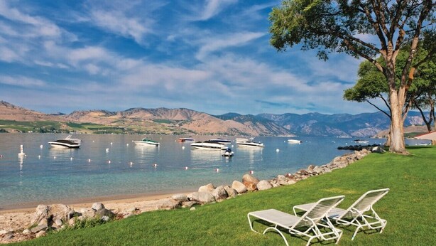A lakeside view with boats, a tree, and lounge chairs.