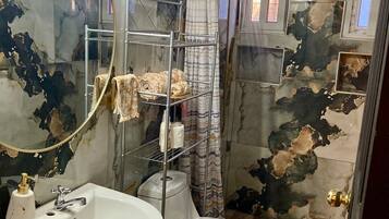 Shower, towels, soap, toilet paper