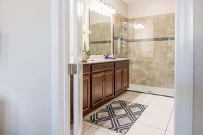 Shower, hair dryer, shampoo