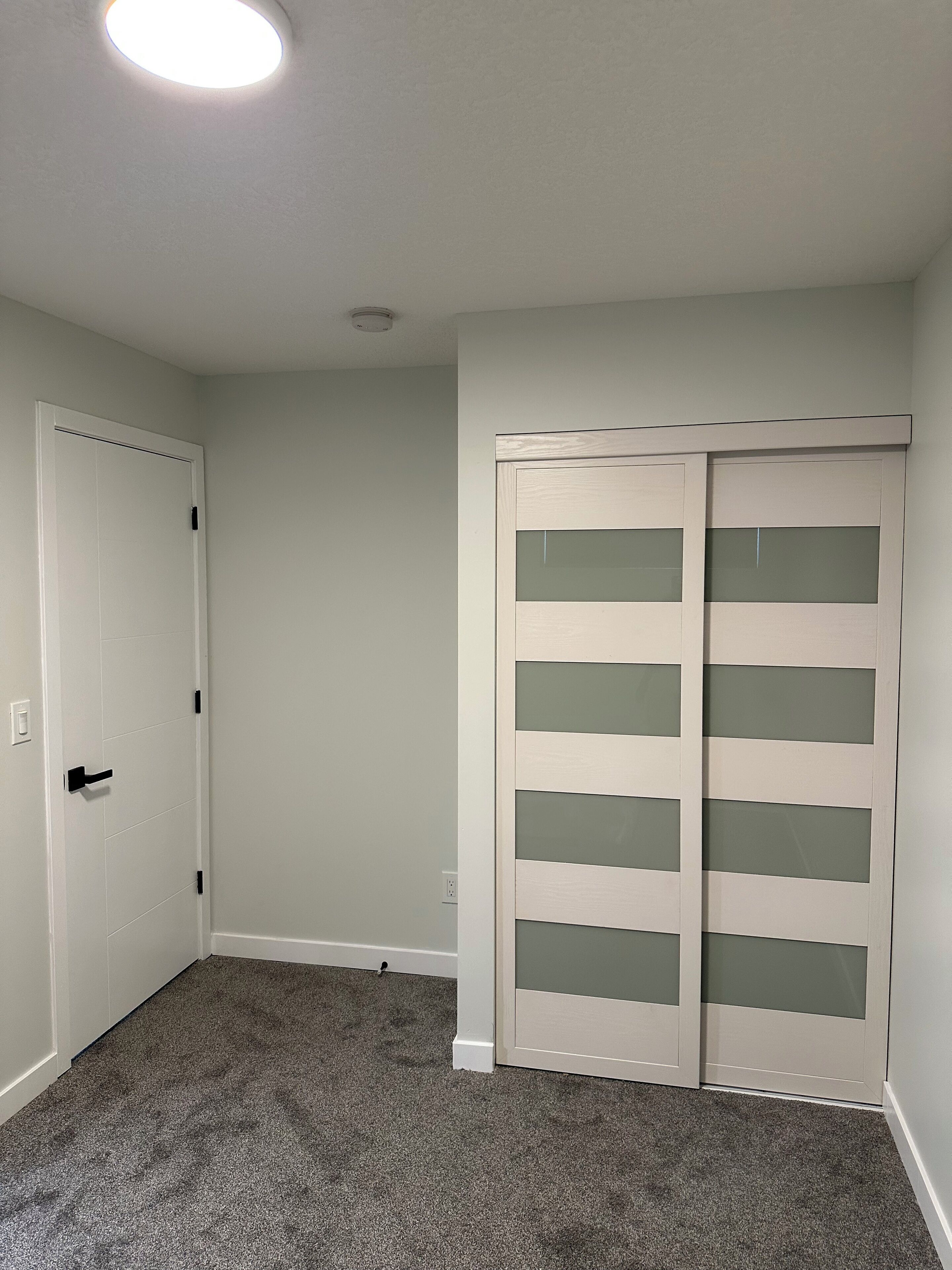 A room with a white door, a closet with sliding doors, and a carpeted floor.