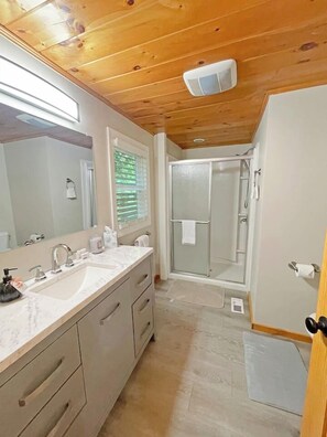 Shower, hair dryer, towels
