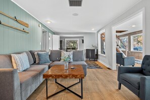 Smart TV, fireplace, books