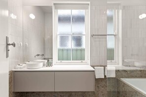 Shower, hair dryer, towels