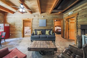 TV, fireplace, books