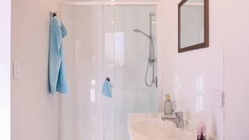 Shower, towels, soap, toilet paper