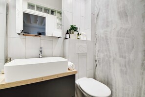 Shower, hair dryer, towels