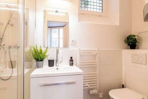 Shower, hair dryer, towels