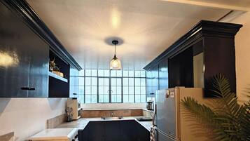 Fridge, stovetop, cookware/dishes/utensils