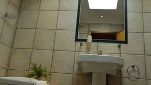 A bathroom with a skylight, a sink, and a shower.