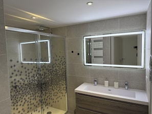 Shower, hair dryer, towels, soap