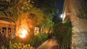 A nighttime pathway with a brick surface, surrounded by lush greenery and a building with a light source. - Mount Retreat (Madurai)