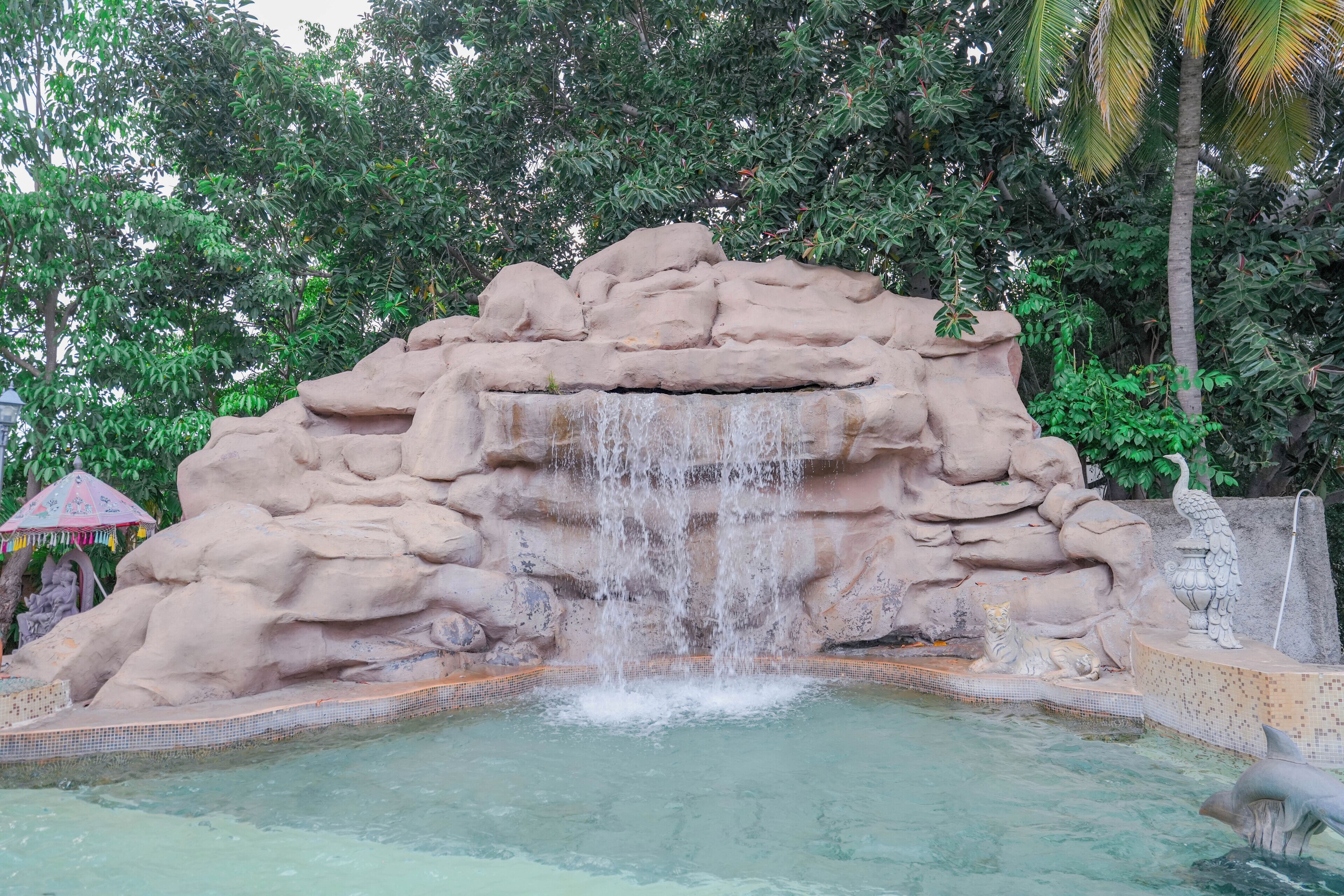 Une cascade rocheuse se déversant dans un bassin, le tout entouré d’une végétation luxuriante.