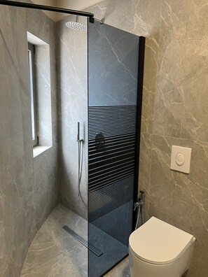 Hair dryer, bidet, towels, soap
