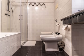 Hair dryer, towels, soap, toilet paper