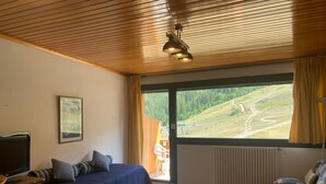 A room with a bed, a sofa, a TV, and a window with a view of a landscape.