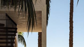 On the beach, sun-loungers