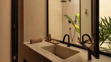 A bathroom with a large mirror, two sinks, a shower, and a plant.