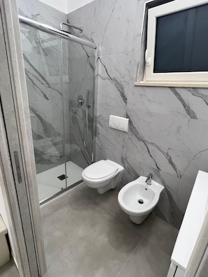 Shower, hair dryer, bidet, towels